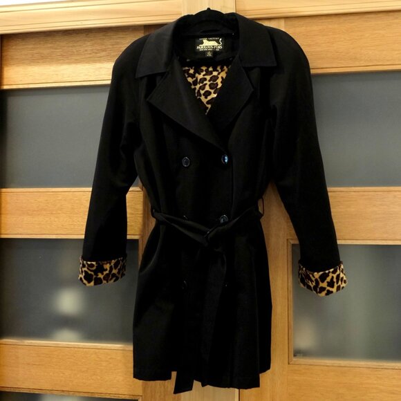 DONNA SALYERS FABULOUS FURS~Black Double Breasted Trench Coat Leopard Faux Fur - Picture 2 of 5